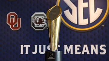 Jul 16, 2024; Dallas, TX, USA; The National Championship trophy at Omni Dallas Hotel. Mandatory Credit: Brett Patzke-Imagn Images