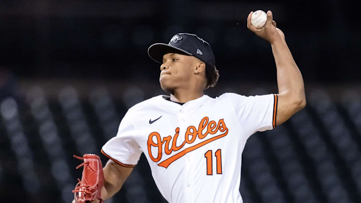 Nov 9, 2025; Mesa, AZ, USA; Baltimore Orioles pitcher Luis De Leon during the Arizona Fall League Fall Stars Game at Sloan Park. Mandatory Credit: Mark J. Rebilas-Imagn Images
