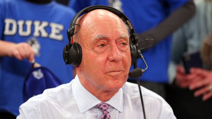 Dec 19, 2015; New York, NY, USA; Broadcaster Dick Vitale after a game between the Utah Utes and the Duke Blue Devils at Madison Square Garden. Utah defeated Duke 77-75 in overtime. Mandatory Credit: Brad Penner-Imagn Images