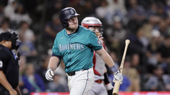 Seattle Mariners left fielder Luke Raley (20) walks away after striking out against the Minnesota Twins during the ninth inning at T-Mobile Park on June 29.