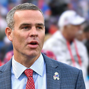 Nov 17, 2024; Orchard Park, New York, USA; Buffalo Bills general manager Brandon Beane on the field before a game against the Kansas City Chiefs at Highmark Stadium. Mandatory Credit: Mark Konezny-Imagn Images