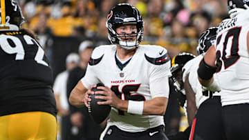 Aug 9, 2024; Pittsburgh, Pennsylvania, USA;  Houston Texans quarterback Tim Boyle looks to pass against the Pittsburgh Steelers during the third quarter at Acrisure Stadium.