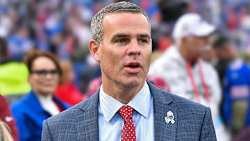 Nov 17, 2024; Orchard Park, New York, USA; Buffalo Bills general manager Brandon Beane on the field before a game against the Kansas City Chiefs at Highmark Stadium. Mandatory Credit: Mark Konezny-Imagn Images