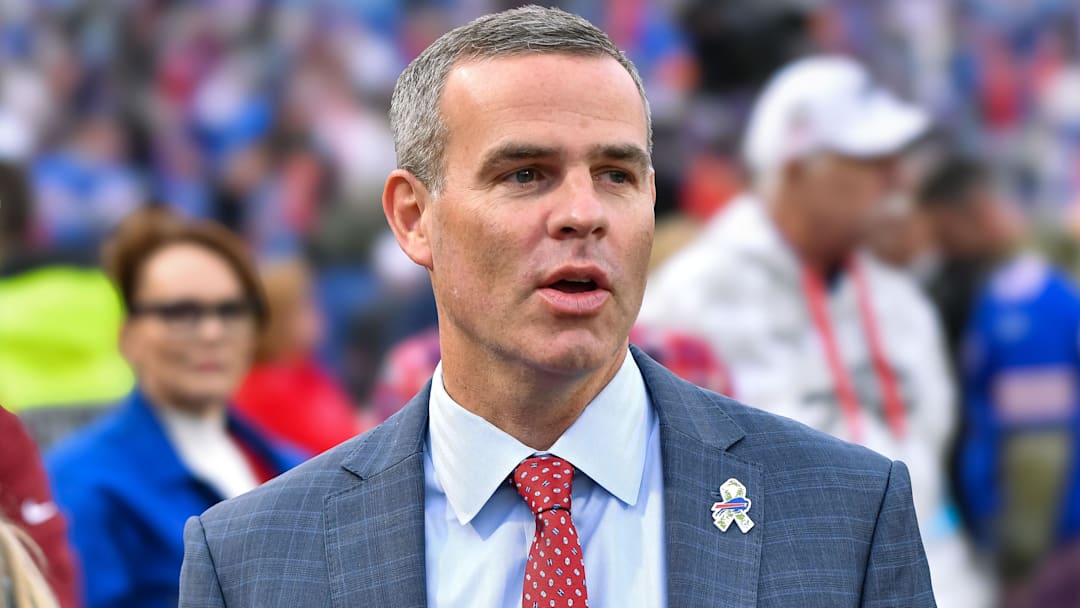 Buffalo Bills general manager Brandon Beane on the field before a game against the Kansas City Chiefs. Buffalo Bills general manager Brandon Beane on the field before a game against the Kansas City Chiefs.