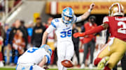 Detroit Lions place kicker Jake Bates (39) attempts an extra point against San Francisco 49ers during the first half at Levi's Stadium in Santa Clara, Calif. on Monday, Dec. 30, 2024.
