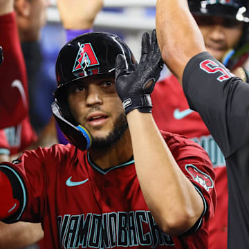 Aug 19, 2024; Miami, Florida, USA; Arizona Diamondbacks catcher Adrian Del Castillo (25) celebrates with teammates after hitting a grand slam against the Miami Marlins during the third inning at loanDepot Park. Mandatory Credit: Sam Navarro-Imagn Images