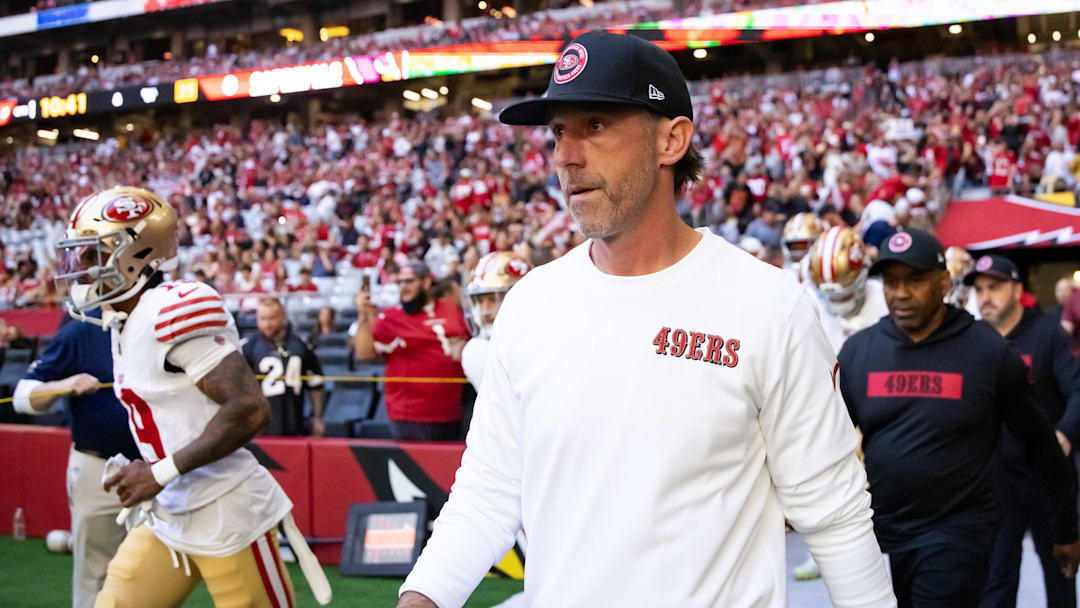 Jan 5, 2025; Glendale, Arizona, USA; San Francisco 49ers head coach Kyle Shanahan against the Arizona Cardinals at State Farm Stadium. Mandatory Credit: Mark J. Rebilas-Imagn Images