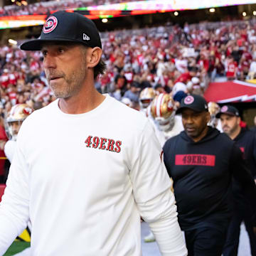 Jan 5, 2025; Glendale, Arizona, USA; San Francisco 49ers head coach Kyle Shanahan against the Arizona Cardinals at State Farm Stadium. Mandatory Credit: Mark J. Rebilas-Imagn Images