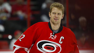 Feb 26, 2016; Raleigh, NC, USA;  Carolina Hurricanes forward Eric Staal (12) smiles prior to the game against the Boston Bruins  at PNC Arena. The Boston Bruins defeated the Carolina Hurricanes 4-1. Mandatory Credit: James Guillory-USA TODAY Sports