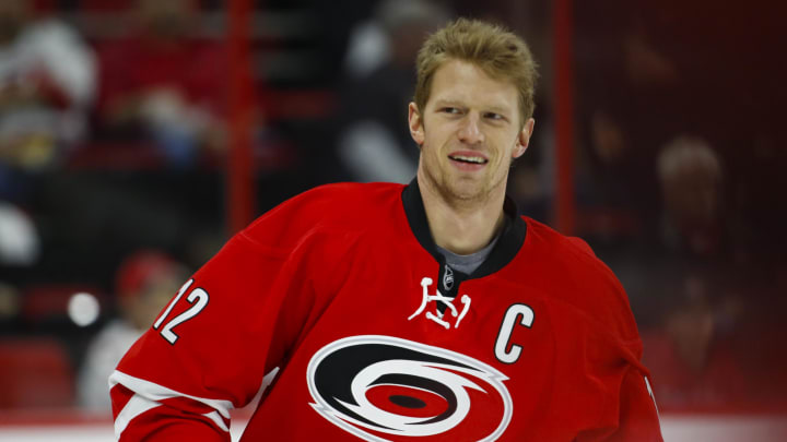 Feb 26, 2016; Raleigh, NC, USA;  Carolina Hurricanes forward Eric Staal (12) smiles prior to the game against the Boston Bruins  at PNC Arena. The Boston Bruins defeated the Carolina Hurricanes 4-1. Mandatory Credit: James Guillory-USA TODAY Sports