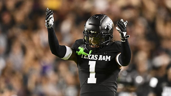 Oct 26, 2024; College Station, Texas, USA; Texas A&M Aggies defensive back Bryce Anderson (1) reacts against the LSU Tigers during the third quarter. The Aggies defeated the Tigers 38-23; at Kyle Field. Mandatory Credit: Maria Lysaker-Imagn Images. Oct 26, 2024; College Station, Texas, USA; Texas A&M Aggies defensive back Bryce Anderson (1) reacts against the LSU Tigers during the third quarter. The Aggies defeated the Tigers 38-23; at Kyle Field. Mandatory Credit: Maria Lysaker-Imagn Images.