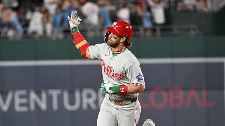 Jun 25, 2026; Washington, District of Columbia, USA; Philadelphia Phillies first baseman Bryce Harper (3) celebrates after hitting a three run home run against the Washington Nationals during the ninth inning at Nationals Park. Mandatory Credit: Brad Mills-Imagn Images