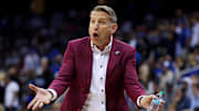 Mar 29, 2025; Newark, NJ, USA; Alabama Crimson Tide head coach Nate Oats reacts to a call during the first half against the Duke Blue Devils in the East Regional final of the 2025 NCAA tournament at Prudential Center. Mandatory Credit: Vincent Carchietta-Imagn Images