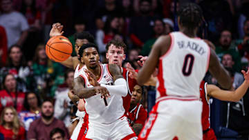 Dec 7, 2024; Tucson, Arizona, USA; Arizona Wildcats guard Caleb Love (1) passes the ball during the first half against the Southern Utah Thunderbirds at McKale Center. Mandatory Credit: Aryanna Frank-Imagn Images