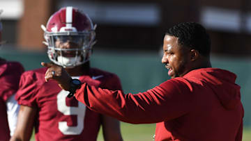 Mar 6, 2024; Tuscaloosa, Alabama, USA; Co-defensive coordinator Maurice Linguist works with linebackers during practice of the Alabama Crimson Tide football team Wednesday.