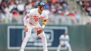 May 24, 2025; Minneapolis, Minnesota, USA; Minnesota Twins third base Royce Lewis (23) in action in the ninth inning against the Kansas City Royals at Target Field. Mandatory Credit: Matt Blewett-Imagn Images