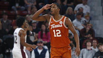 Mar 4, 2025; Starkville, Mississippi, USA; Texas Longhorns guard Tramon Mark (12) reacts during the second half against the Mississippi State Bulldogs at Humphrey Coliseum. Mandatory Credit: Petre Thomas-Imagn Images