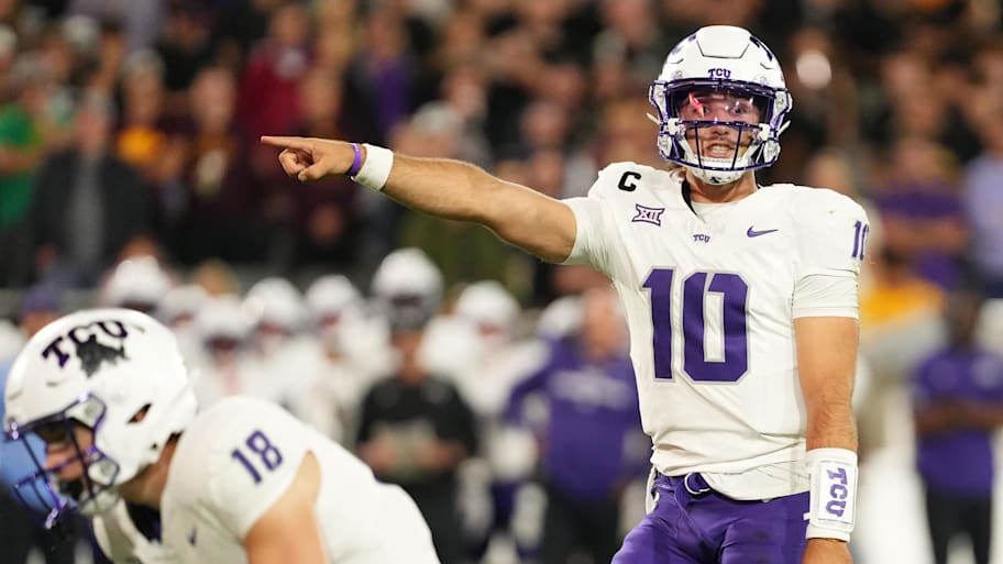 TCU Horned Frogs quarterback Josh Hoover points against the Arizona State Sun Devils.