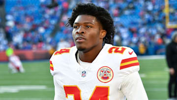 Nov 2, 2025; Orchard Park, New York, USA; Kansas City Chiefs running back Brashard Smith (24) goes to the locker room before a game against the Buffalo Bills at Highmark Stadium. Mandatory Credit: Mark Konezny-Imagn Images