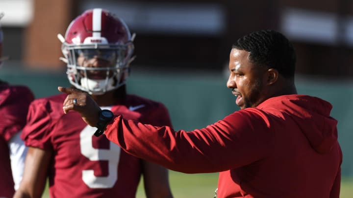 Mar 6, 2024; Tuscaloosa, Alabama, USA; Co-defensive coordinator Maurice Linguist works with linebackers during practice of the Alabama Crimson Tide football team Wednesday.