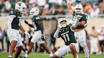 Michigan State edge Anelu Lafaele (11) celebrates a tackles against Western Michigan during the first half at Spartan Stadium in East Lansing on Friday, August 29, 2025.