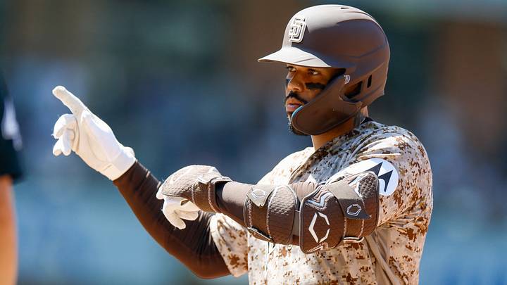 Aug 2, 2026; San Diego, California, USA; San Diego Padres catcher Luis Campusano (12) celebrates after hitting a RBI single during the fifth inning against the San Francisco Giants at Petco Park. Mandatory Credit: David Frerker-Imagn Images