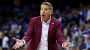 Mar 29, 2025; Newark, NJ, USA; Alabama Crimson Tide head coach Nate Oats reacts to a call during the first half against the Duke Blue Devils in the East Regional final of the 2025 NCAA tournament at Prudential Center. Mandatory Credit: Vincent Carchietta-Imagn Images