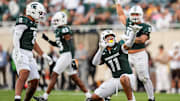 Michigan State edge Anelu Lafaele (11) celebrates a tackles against Western Michigan during the first half at Spartan Stadium in East Lansing on Friday, August 29, 2025.