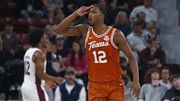 Mar 4, 2025; Starkville, Mississippi, USA; Texas Longhorns guard Tramon Mark (12) reacts during the second half against the Mississippi State Bulldogs at Humphrey Coliseum. Mandatory Credit: Petre Thomas-Imagn Images
