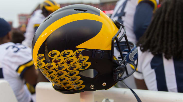 Nov 18, 2017; Madison, WI, USA; An Michigan Wolverines helmet during the game against the Wisconsin Badgers at Camp Randall Stadium. Mandatory Credit: Jeff Hanisch-USA TODAY Sports