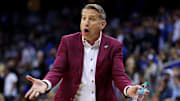 Mar 29, 2025; Newark, NJ, USA; Alabama Crimson Tide head coach Nate Oats reacts to a call during the first half against the Duke Blue Devils in the East Regional final of the 2025 NCAA tournament at Prudential Center. Mandatory Credit: Vincent Carchietta-Imagn Images