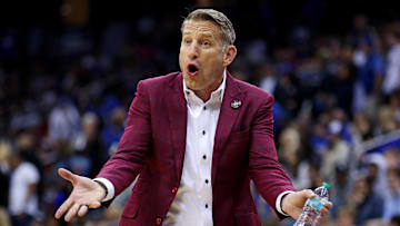 Mar 29, 2025; Newark, NJ, USA; Alabama Crimson Tide head coach Nate Oats reacts to a call during the first half against the Duke Blue Devils in the East Regional final of the 2025 NCAA tournament at Prudential Center. Mandatory Credit: Vincent Carchietta-Imagn Images