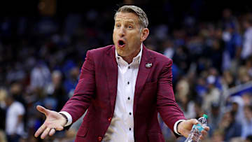 Mar 29, 2025; Newark, NJ, USA; Alabama Crimson Tide head coach Nate Oats reacts to a call during the first half against the Duke Blue Devils in the East Regional final of the 2025 NCAA tournament at Prudential Center. Mandatory Credit: Vincent Carchietta-Imagn Images