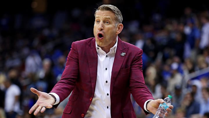 Mar 29, 2025; Newark, NJ, USA; Alabama Crimson Tide head coach Nate Oats reacts to a call during the first half against the Duke Blue Devils in the East Regional final of the 2025 NCAA tournament at Prudential Center. Mandatory Credit: Vincent Carchietta-Imagn Images