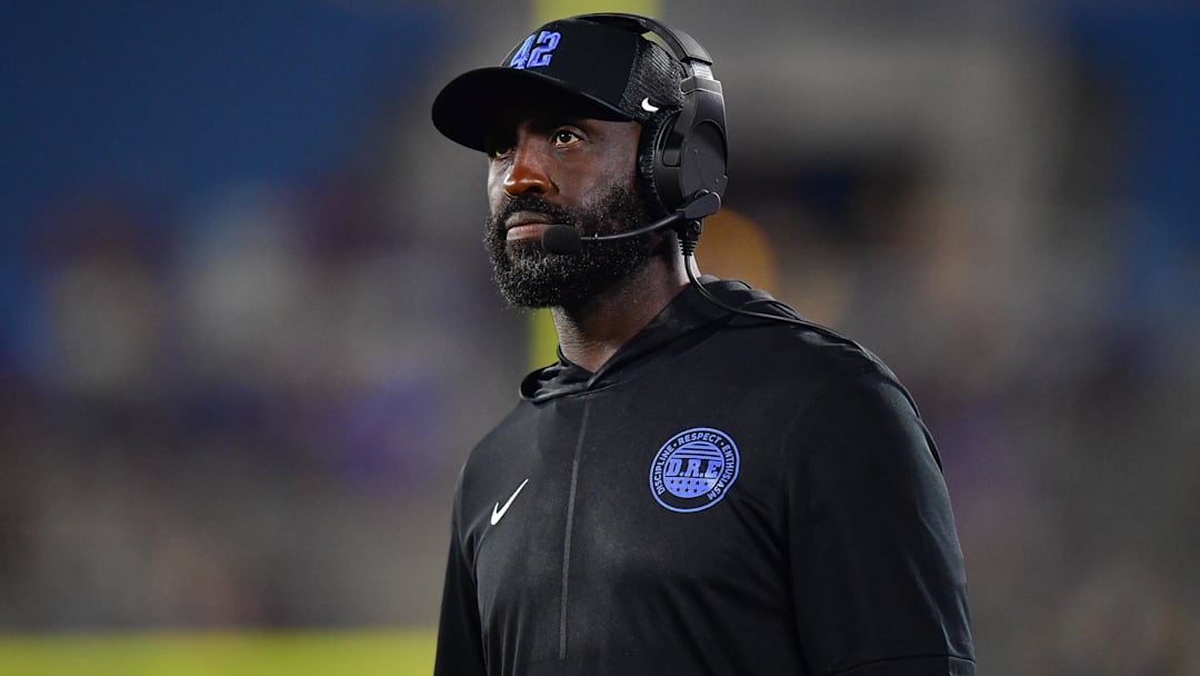 Aug 30, 2025; Pasadena, California, USA; UCLA Bruins head coach DeShaun Foster watches game action against the Utah Utes during the second half at Rose Bowl. Mandatory Credit: Gary A. Vasquez-Imagn Images