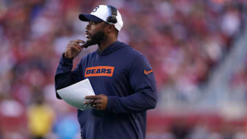 Dec 8, 2024; Santa Clara, California, USA; Chicago Bears interim head coach Thomas Brown stands on the field after calling a timeout against the San Francisco 49ers in the fourth quarter at Levi's Stadium.