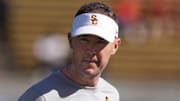 Oct 28, 2023; Berkeley, California, USA; USC Trojans head coach Lincoln Riley walks on the field before a game against the California Golden Bears at California Memorial Stadium. Mandatory Credit: Darren Yamashita-Imagn Images