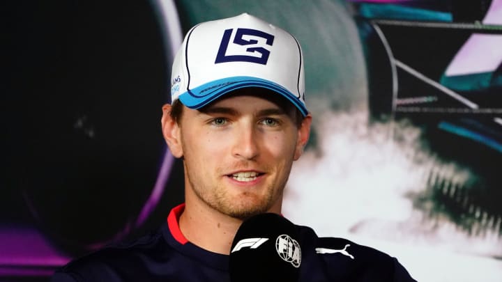 May 2, 2024; Miami Gardens, Florida, USA;  Williams driver Logan Sargeant (2) addresses the media in advance of the Miami Grand Prix at the Miami International Autodrome. Mandatory Credit: John David Mercer-USA TODAY Sports