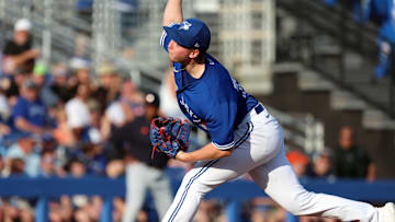 Mar 25, 2023; Dunedin, Florida, USA;  Toronto Blue Jays starting pitcher Sem Robberse (77) throws a