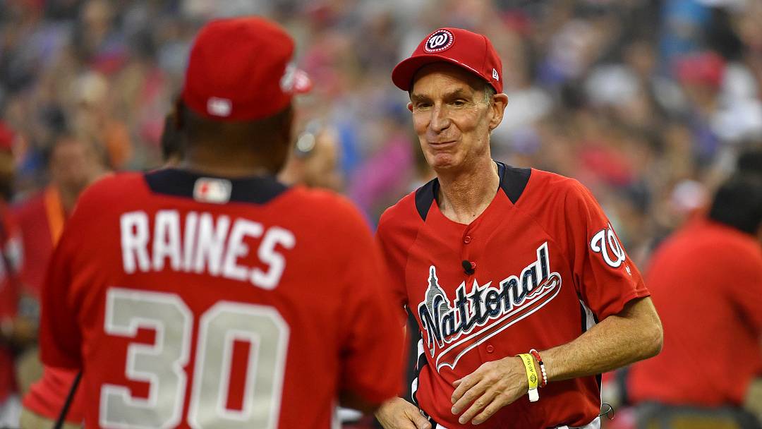 Jul 15, 2018; Washington, DC, USA; TV host Bill Nye during the 2018 legends and celebrity softball game at Nationals Ballpark. Mandatory Credit: Brad Mills-Imagn Images Jul 15, 2018; Washington, DC, USA; TV host Bill Nye during the 2018 legends and celebrity softball game at Nationals Ballpark. Mandatory Credit: Brad Mills-Imagn Images