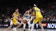 Mar 8, 2025; Atlanta, Georgia, USA; Atlanta Hawks guard Trae Young (11) is fouled by Indiana Pacers forward Pascal Siakam (43) during the first quarter at State Farm Arena. Mandatory Credit: Mady Mertens-Imagn Images
