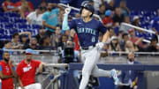 Seattle Mariners right fielder Dominic Canzone (8) celebrates after hitting a solo home run against the Miami Marlins in the fifth inning at loanDepot Park on June 22.
