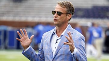 Sep 28, 2024; Oxford, Mississippi, USA; Mississippi Rebels head coach Lane Kiffin interviews prior to the game against the Kentucky Wildcats at Vaught-Hemingway Stadium.