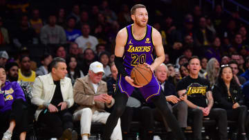 Jan 11, 2024; Los Angeles, California, USA; Los Angeles Lakers guard Dylan Windler (20) controls the ball against the Phoenix Suns during the second half at Crypto.com Arena.