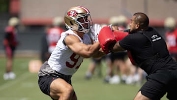 Jun 11, 2025; Santa Clara, CA, USA; San Francisco 49ers defensive end Nick Bosa (97) participates in a pass rush drill during a team OTA at Levi's Stadium. Mandatory Credit: D. Ross Cameron-Imagn Images