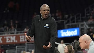 Dec 11, 2024; Austin, Texas, USA; Southern Jaguars head coach Carlos Funchess reacts during the first half against the Texas Longhorns at Moody Center. Mandatory Credit: Scott Wachter-Imagn Images