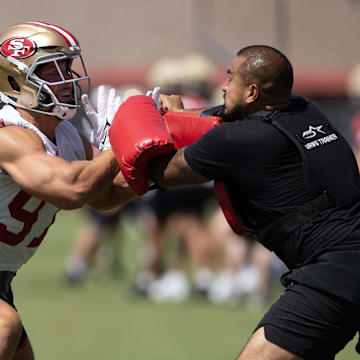 Jun 11, 2025; Santa Clara, CA, USA; San Francisco 49ers defensive end Nick Bosa (97) participates in a pass rush drill during a team OTA at Levi's Stadium. Mandatory Credit: D. Ross Cameron-Imagn Images