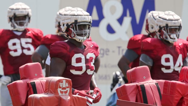 Alabama football players at practice