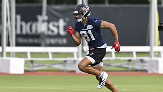  Houston Texans wide receiver Jayden Higgins (81) participates in a drill during an NFL football minicamp at NRG Stadium..