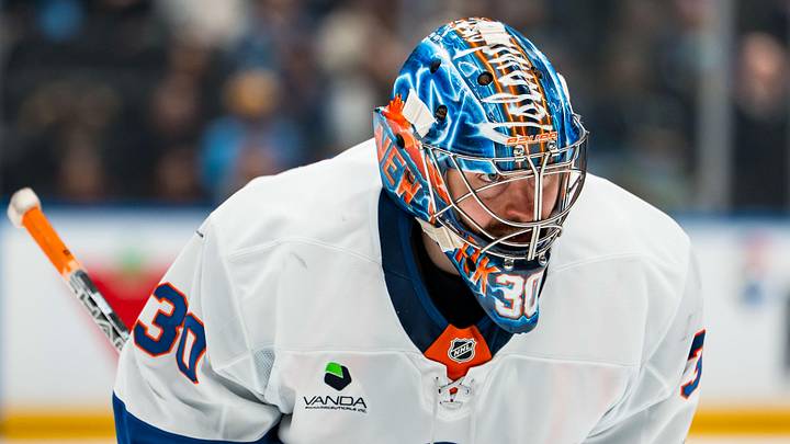 Jan 19, 2026; Vancouver, British Columbia, CAN; New York Islanders goalie Ilya Sorokin (30) during a stop in play against the Vancouver Canucks in the second period at Rogers Arena. Mandatory Credit: Bob Frid-Imagn Images